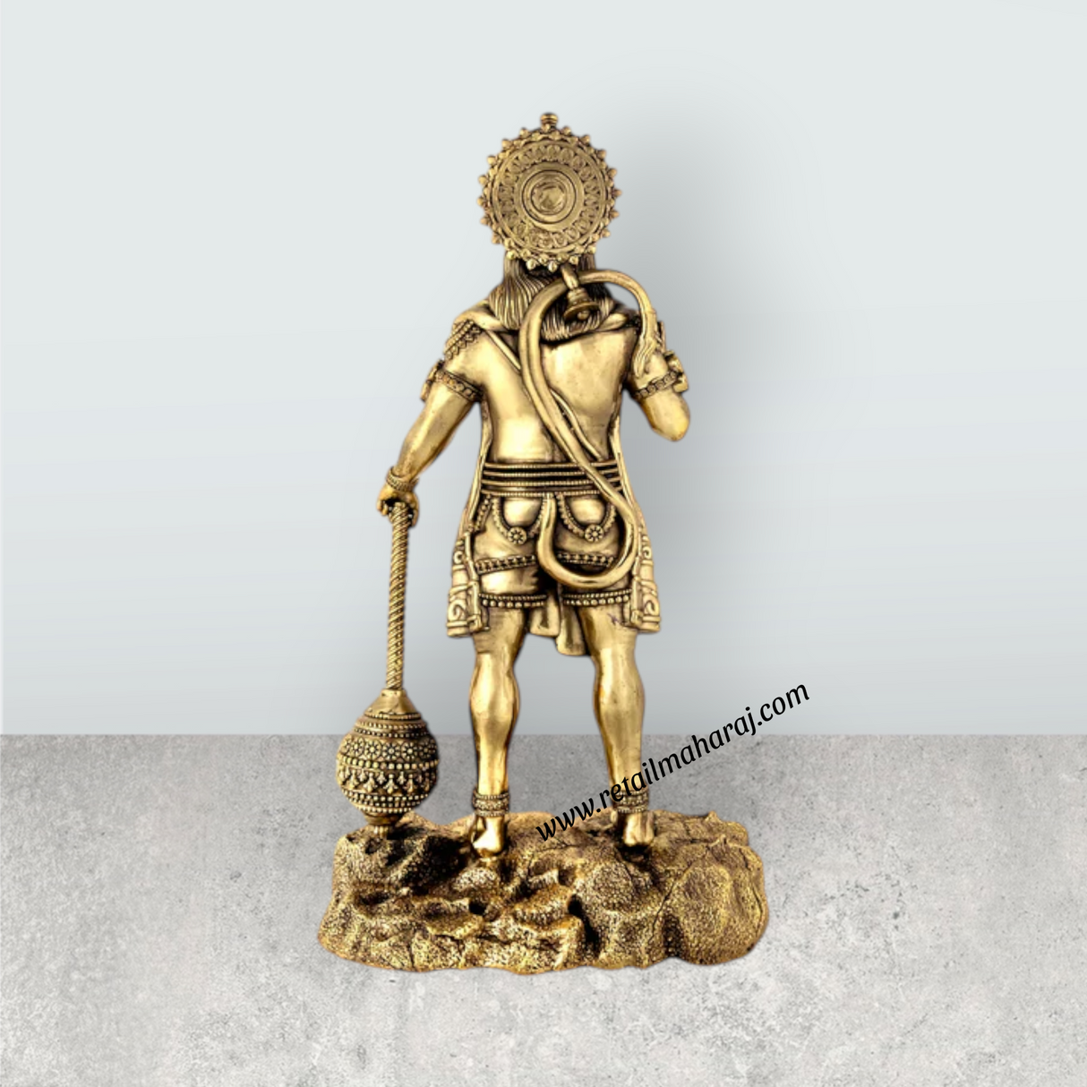 Hanuman Standing On Base Murti - 12 x 6 Inches | Antique Brass Statue / Anjaneyar Sculpture For Home Decor - Retail Maharaj