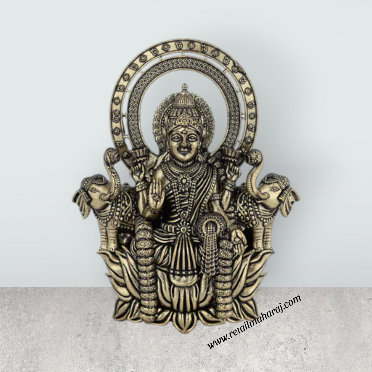 Gajalakshmi Sitting On Kamal Base Murti – Antique Brass Gajalakshmi Statue for Home & Pooja (4 x 3 Inches) - Retail Maharaj