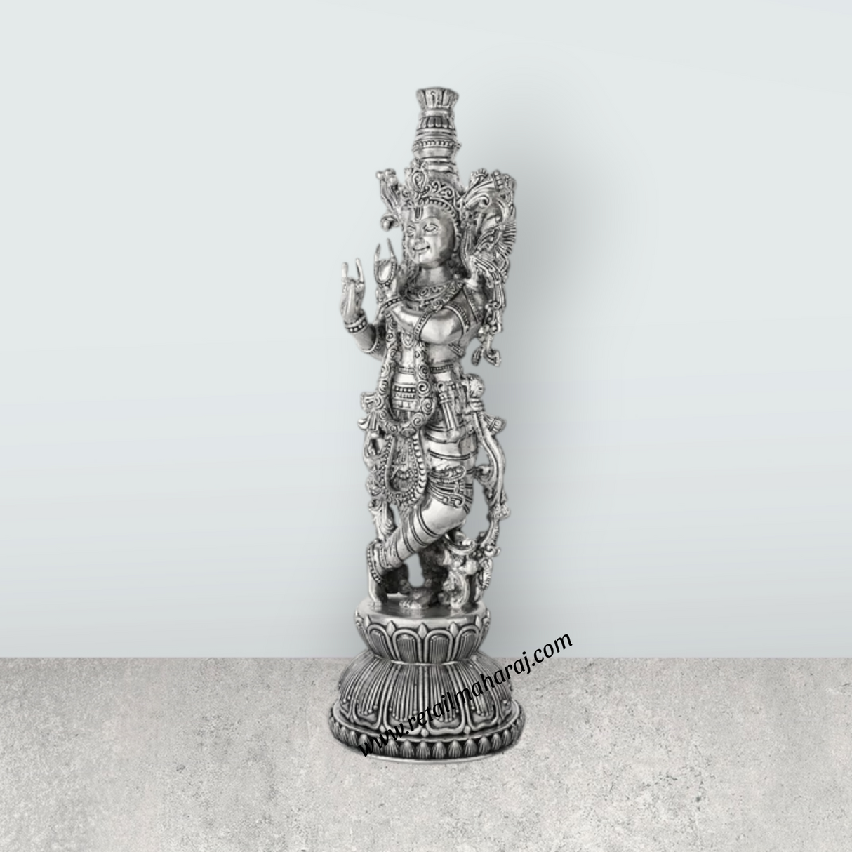Krishna Murti Standing On Base - 11 x 3.5 Inches | German Silver & Antique Polish Krishna Idol for Worship - Retail Maharaj