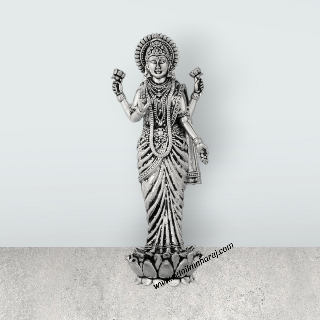Lakshmi Idol Standing On Lotus Base – 7 x 2.5 Inches German Silver & Antique Polish Laxmi Idol for Worship - Retail Maharaj