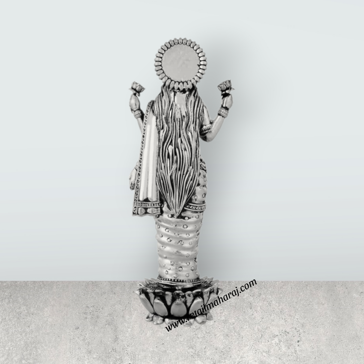 Lakshmi Idol Standing On Lotus Base – 7 x 2.5 Inches German Silver & Antique Polish Laxmi Idol for Worship - Retail Maharaj