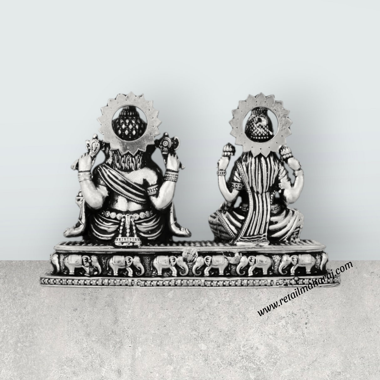 Lakshmi Murti & Ganesh Murti Sitting On Base – 3 x 4.25 Inches German Silver Antique Polish Idol for Pooja - Retail Maharaj