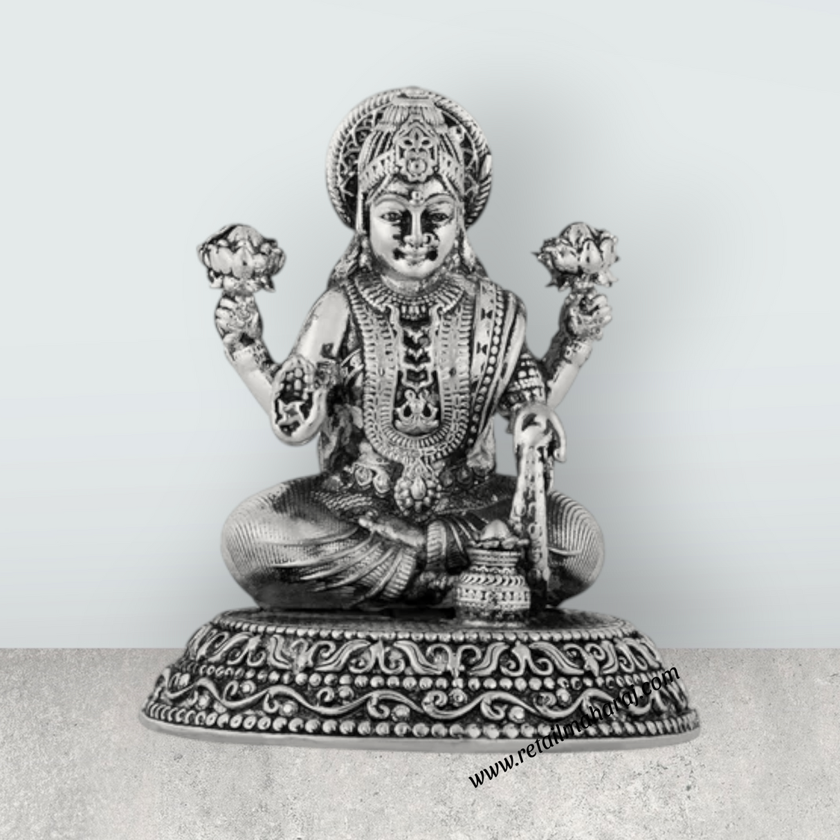 Lakshmi Idol Sitting On Base – 3 x 2.5 Inches German Silver Laxmi Idol/ Antique Polish Lakshmi Murti for Worship - Retail Maharaj
