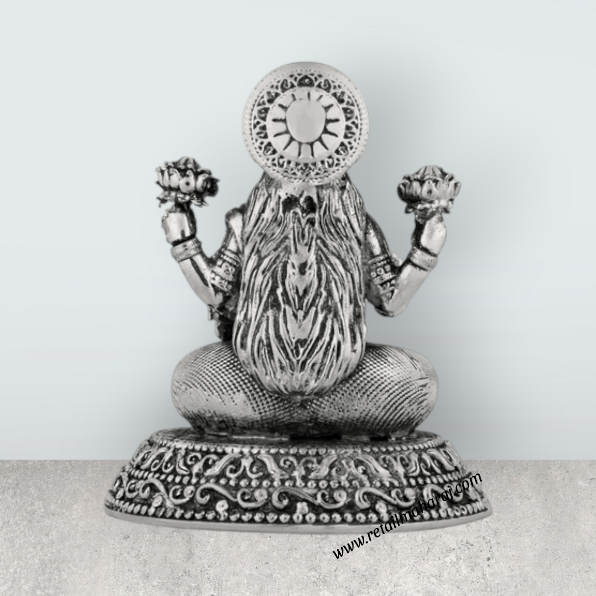 Lakshmi Idol Sitting On Base – 3 x 2.5 Inches German Silver Laxmi Idol/ Antique Polish Lakshmi Murti for Worship - Retail Maharaj