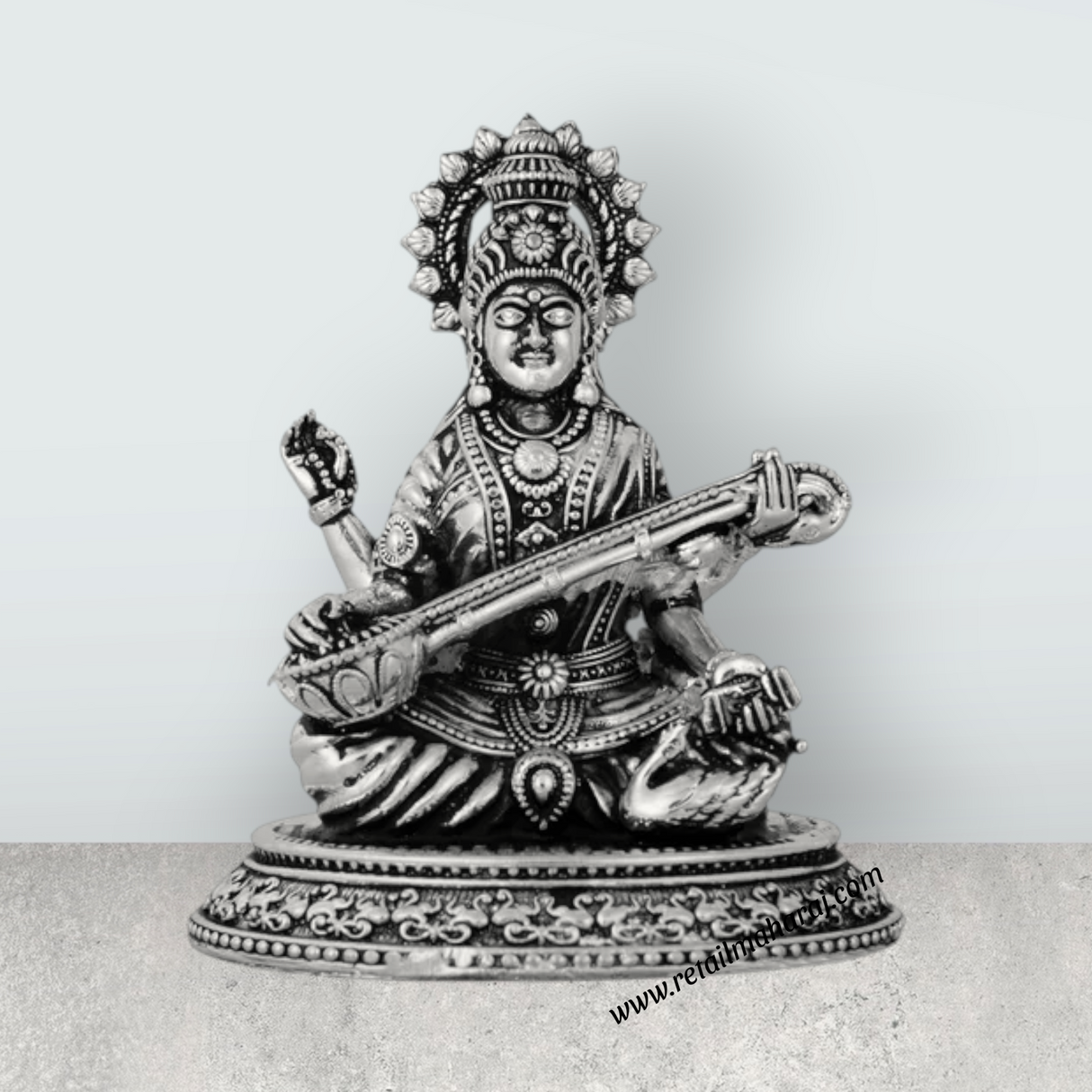 Saraswati Murti Sitting On Base – 3.5 x 3 Inches German Silver Antique Polish Saraswati Moorti for Worship - Retail Maharaj