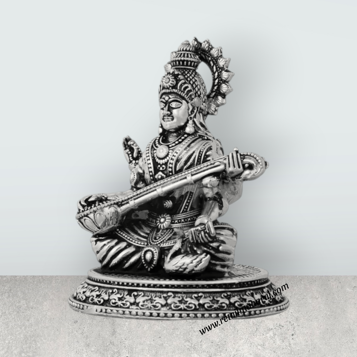 Saraswati Murti Sitting On Base – 3.5 x 3 Inches German Silver Antique Polish Saraswati Moorti for Worship - Retail Maharaj