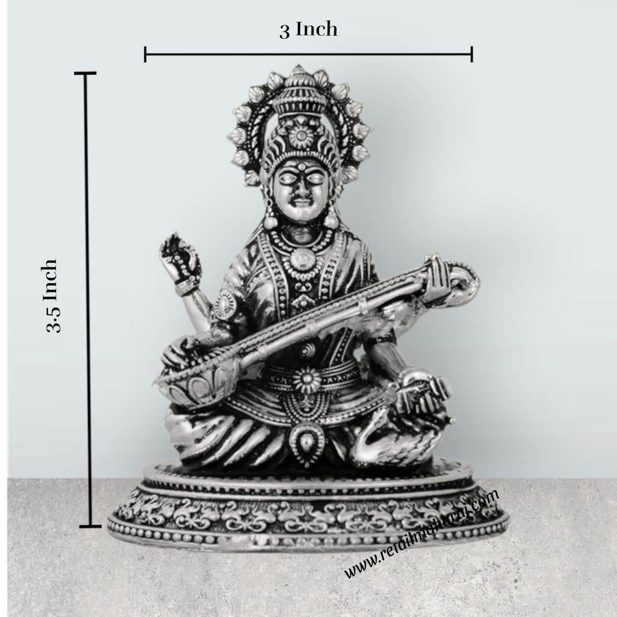 Saraswati Murti Sitting On Base – 3.5 x 3 Inches German Silver Antique Polish Saraswati Moorti for Worship - Retail Maharaj