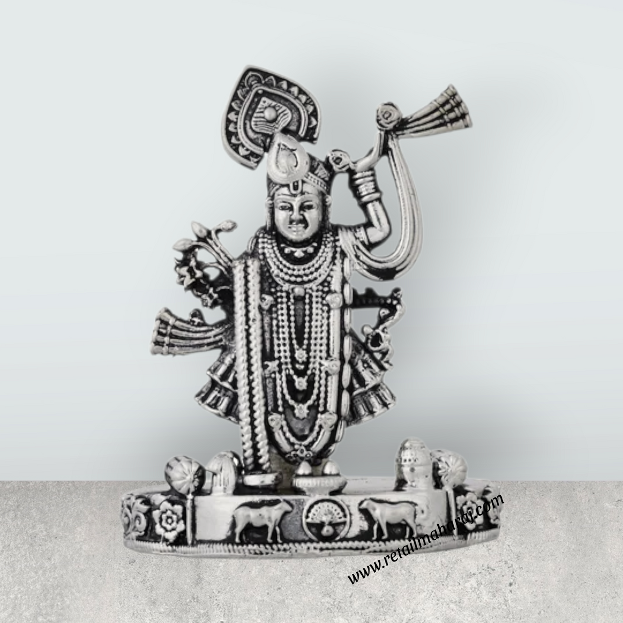 Shrinathji Murti Standing On Base – 4 x 3 Inches German Silver & Antique Polish Shreenathji Murti for Pooja - Retail Maharaj