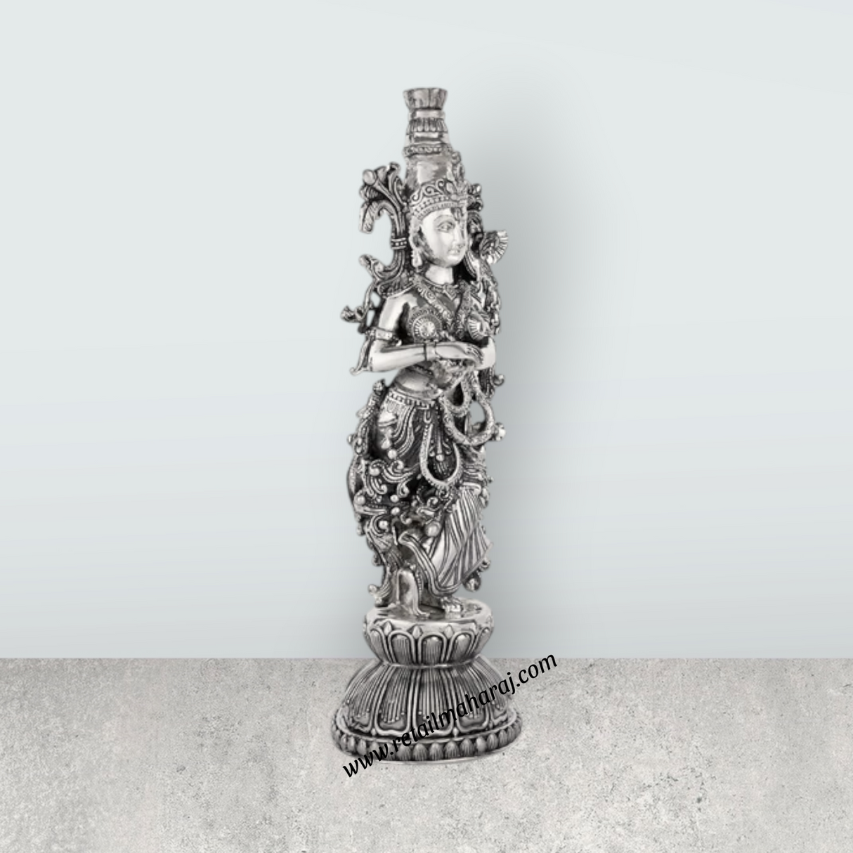 Radha Murti Standing On Base - 11 x 3.5 Inches | German Silver Radha Statue/Antique Polish Radha Idol for Home - Retail Maharaj
