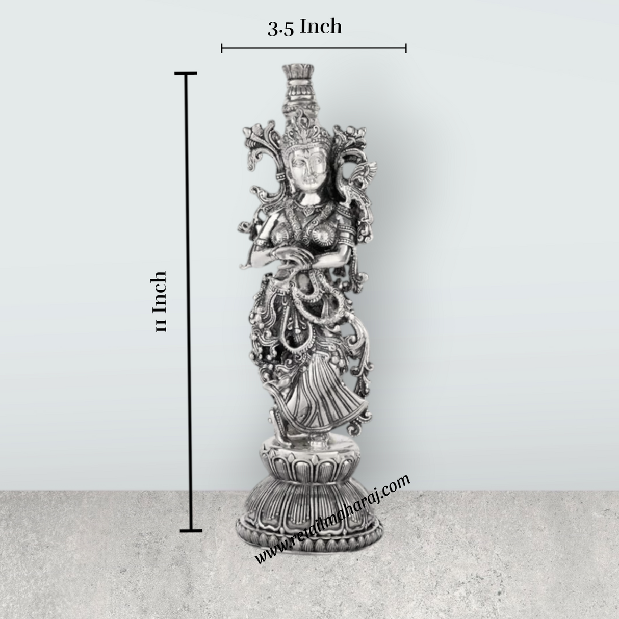 Radha Murti Standing On Base - 11 x 3.5 Inches | German Silver Radha Statue/Antique Polish Radha Idol for Home - Retail Maharaj