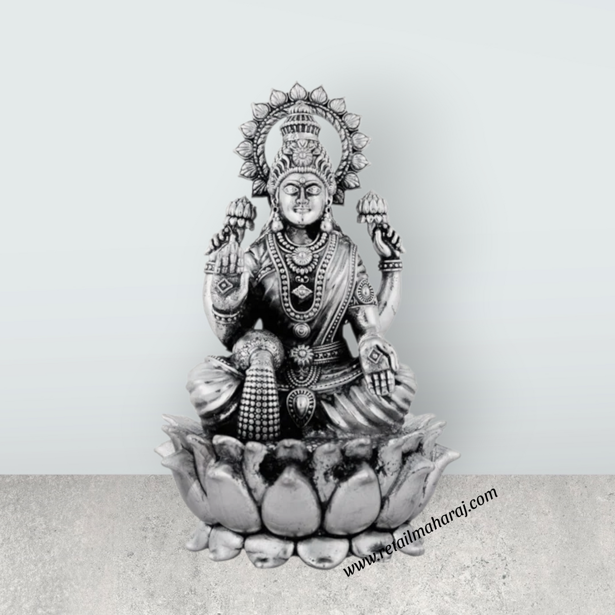 Lakshmi Idol Sitting On Lotus Base – 4.5 x 2.75 Inches Antique Polish / German Silver Laxmi Idol for Worship - Retail Maharaj