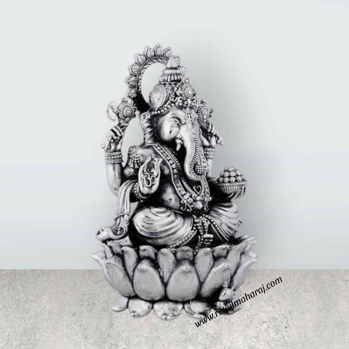 Ganesh Murti Sitting On Lotus Base – 4.5 x 2.75 Inches German Silver Antique Polish Ganpati Murti for Worship - Retail Maharaj
