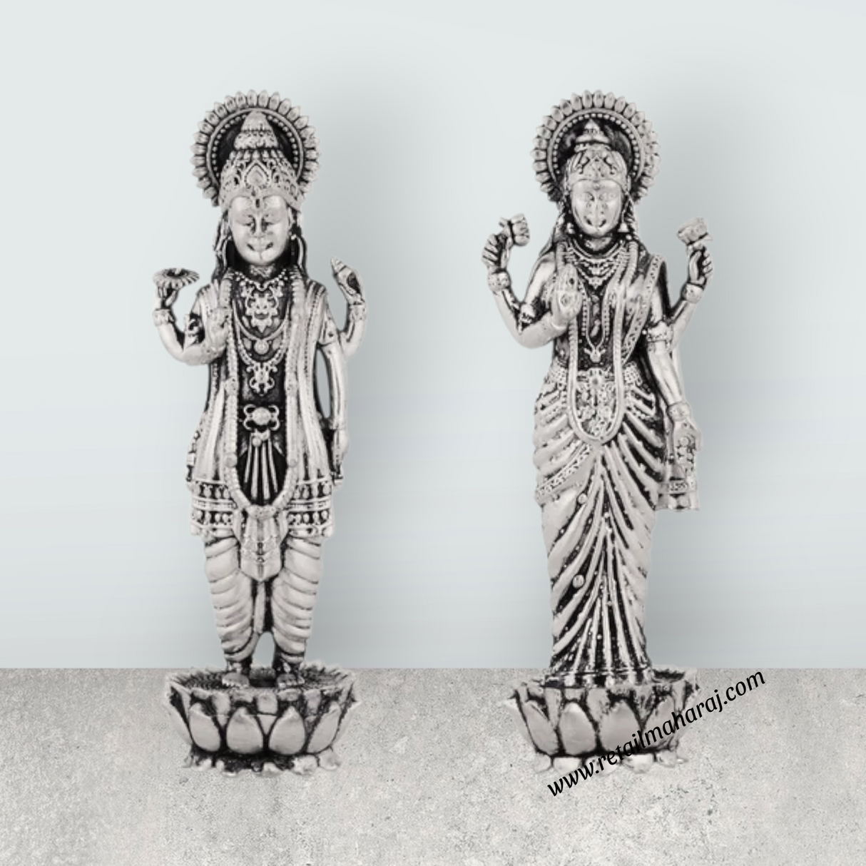 Vishnu Lakshmi Idol Standing On Flower Base Pair – 4 x 1.25 Inches German Silver/Antique Polish Laxmi Vishnu for Pooja - Retail Maharaj