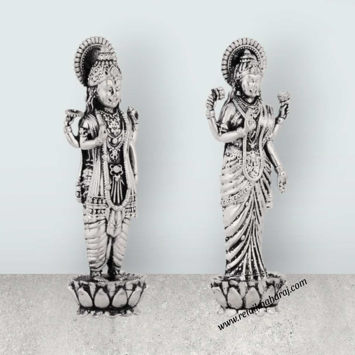 Vishnu Lakshmi Idol Standing On Flower Base Pair – 4 x 1.25 Inches German Silver/Antique Polish Laxmi Vishnu for Pooja - Retail Maharaj