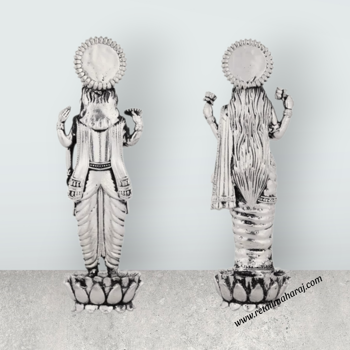Vishnu Lakshmi Idol Standing On Flower Base Pair – 4 x 1.25 Inches German Silver/Antique Polish Laxmi Vishnu for Pooja - Retail Maharaj