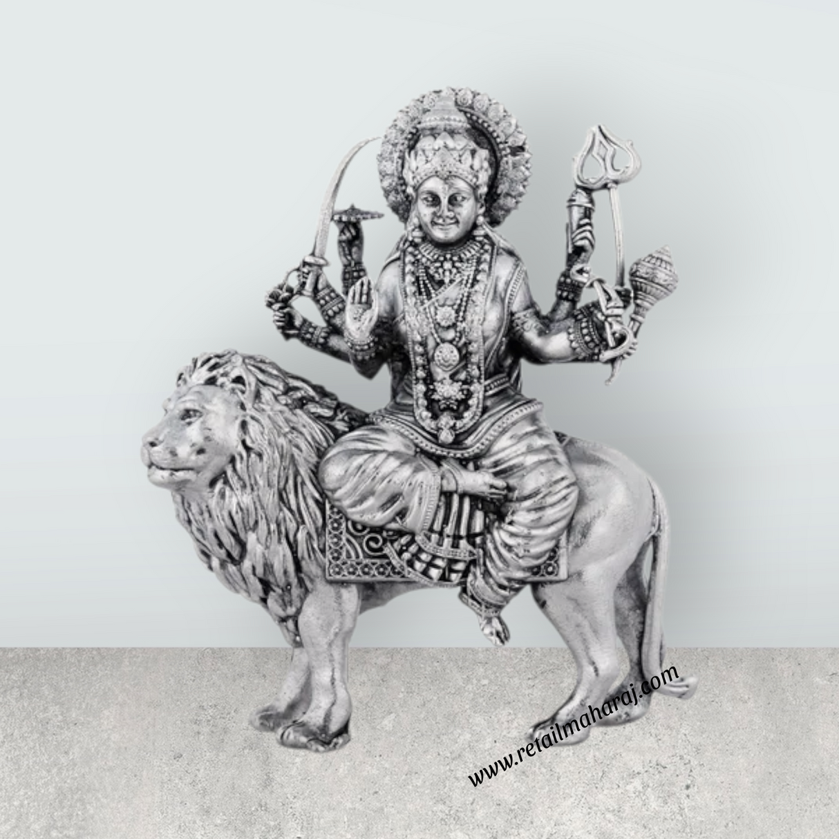 Durga Murti Sitting On Lion - 4 x 3 Inches | Antique German Silver Durga Idol With 8 Hands for Pooja - Retail Maharaj