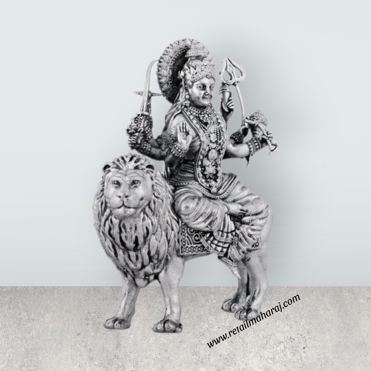 Durga Murti Sitting On Lion - 4 x 3 Inches | Antique German Silver Durga Idol With 8 Hands for Pooja - Retail Maharaj