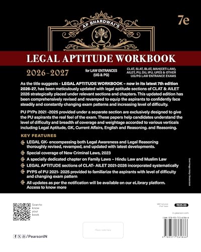 Pearson'26 Legal Aptitude Workbook Law Entrances (UG & PG) 2026-2027 (CLAT, SLAT, BLAT, MAH(CET-LAW), AILET, PU, DU, IPU, UPES, & Other UG-PG Law ... GK, Current Affairs, English, & Reasoning - Retail Maharaj