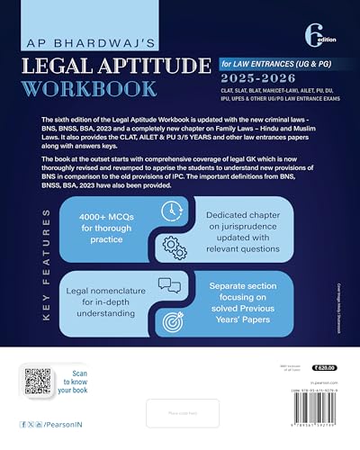 Legal Aptitude Workbook (2025-26) | For Law Entrances (UG & PG) | CLAT, SLAT, BLAT, MAH (CET-LAW), AILET, PU, DU, IPU, UPES & Other UG/PG Law Entrance ... Papers With Answer Keys | 6th Edition - Retail Maharaj