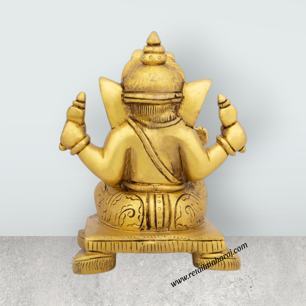 Ganesh Murti Sitting On Chowki - 5 x 4 Inches | Antique Brass Idol/ Ganpati Idol/ Vinayaka Statue/ 1.415 Kgs - Retail Maharaj