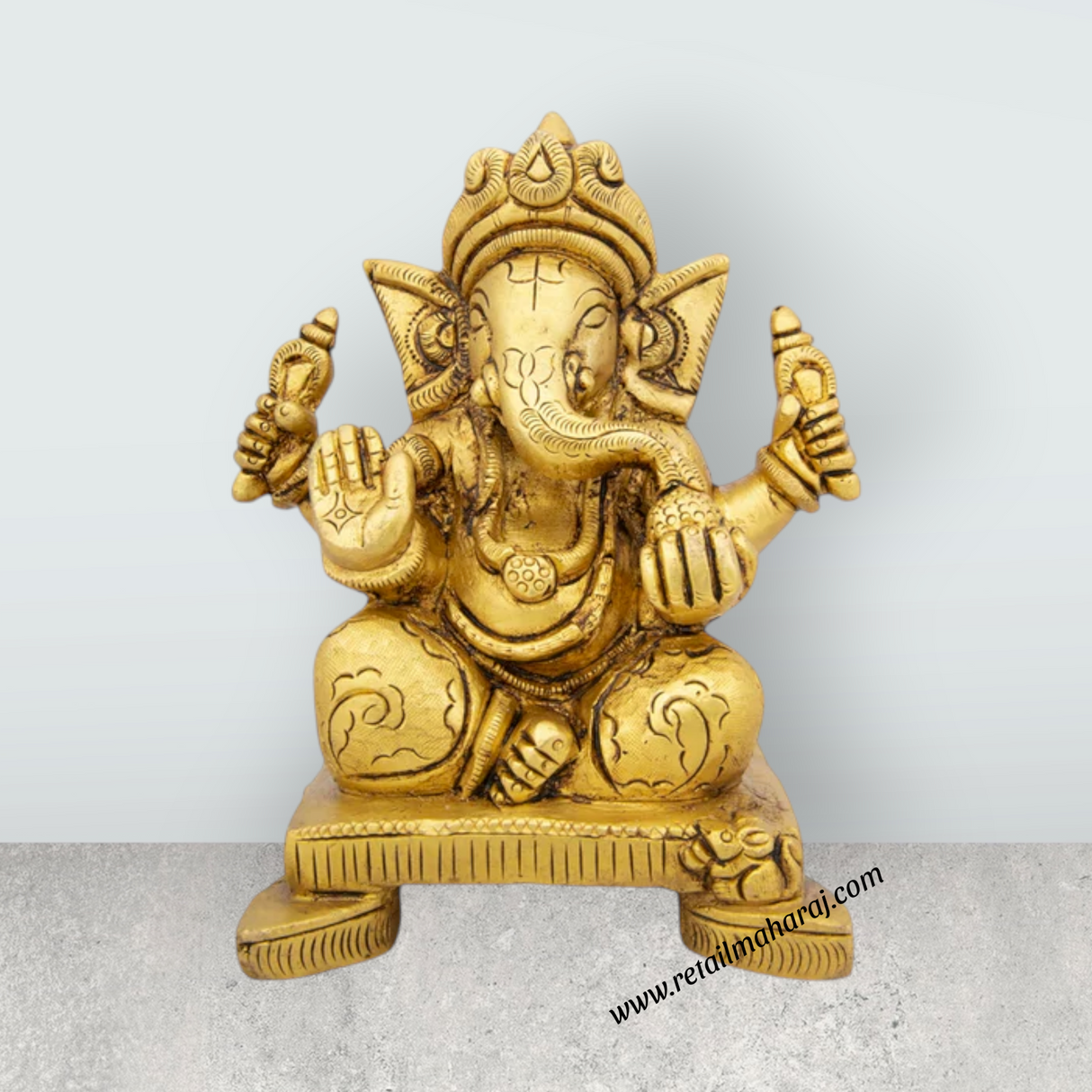 Ganesh Murti Sitting On Chowki - 5 x 4 Inches | Antique Brass Idol/ Ganpati Idol/ Vinayaka Statue/ 1.415 Kgs - Retail Maharaj