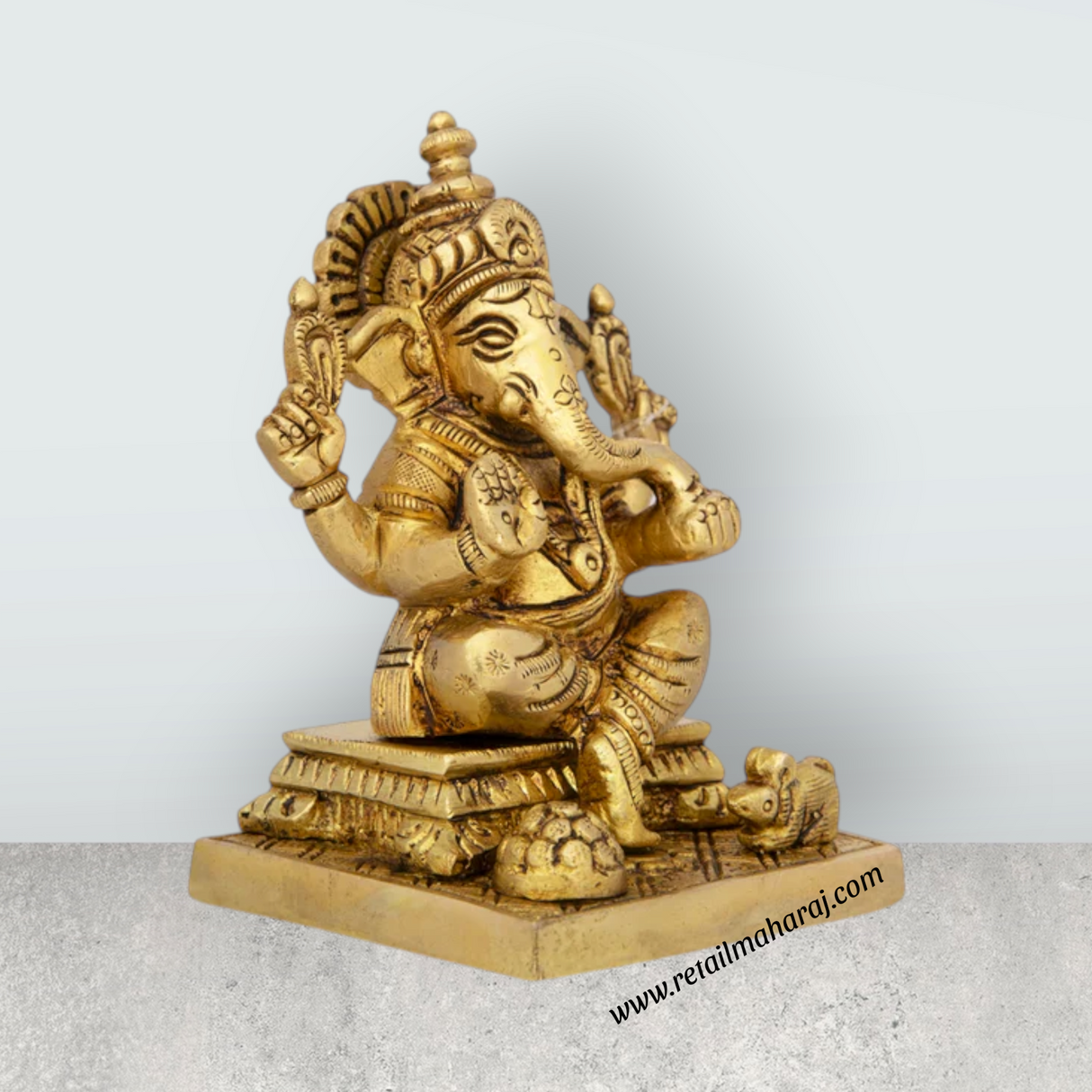 Ganesh Murti Sitting On Chowki - 4 x 3.5 Inches | Antique Brass Idol/ Ganpati Idol for Pooja/ 640 Gms Approx - Retail Maharaj