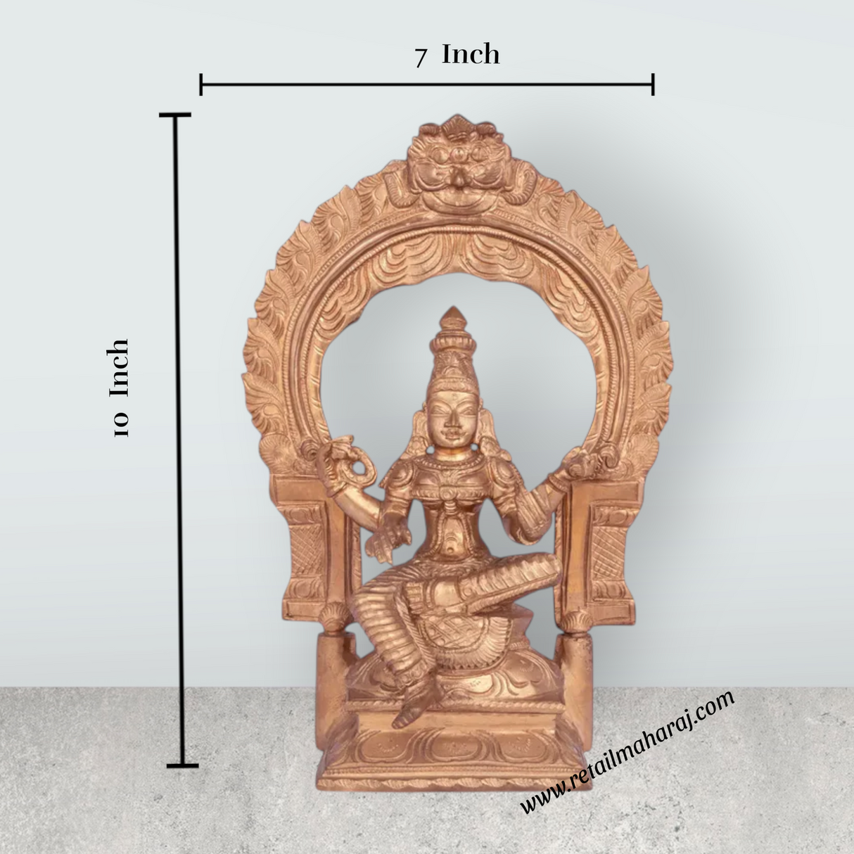 Saraswati sitting on Base Murti - 10 x 7 inches | Panchaloha Idol / Vagdevi with arch Statue for pooja - Retail Maharaj