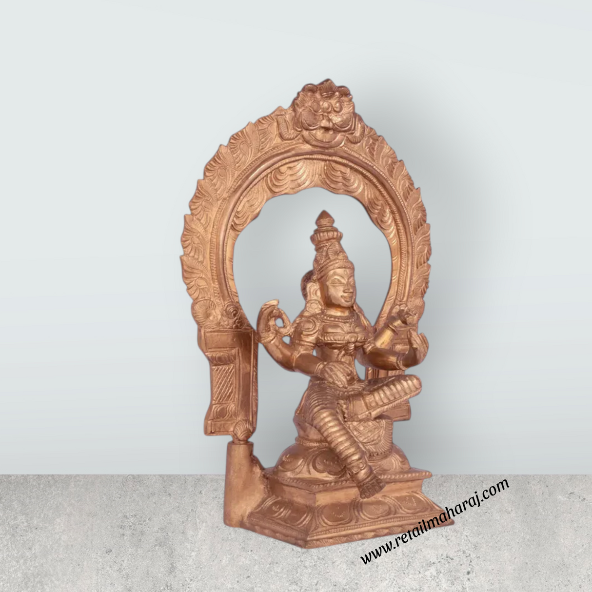 Saraswati sitting on Base Murti - 10 x 7 inches | Panchaloha Idol / Vagdevi with arch Statue for pooja - Retail Maharaj