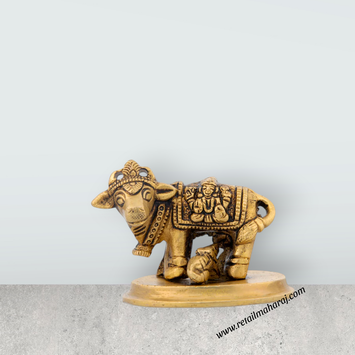 Cow and Calf Idol - 2 x 2.75 Inches | Antique Brass Statue/ Kamadhenu Statue for Pooja/ 240 Gms Approx - Retail Maharaj