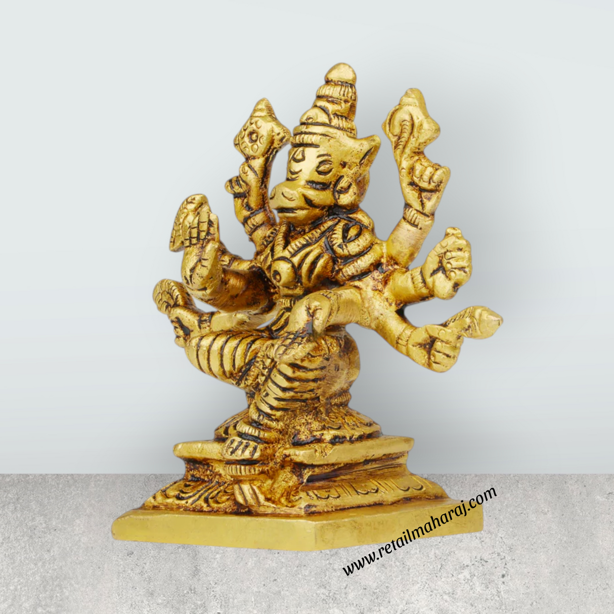 Varahi Amman Statue Sitting On Base - 3.5 x 3.5 Inches | Antique Brass Idol/ Varahi 8 Hands Idol for Pooja