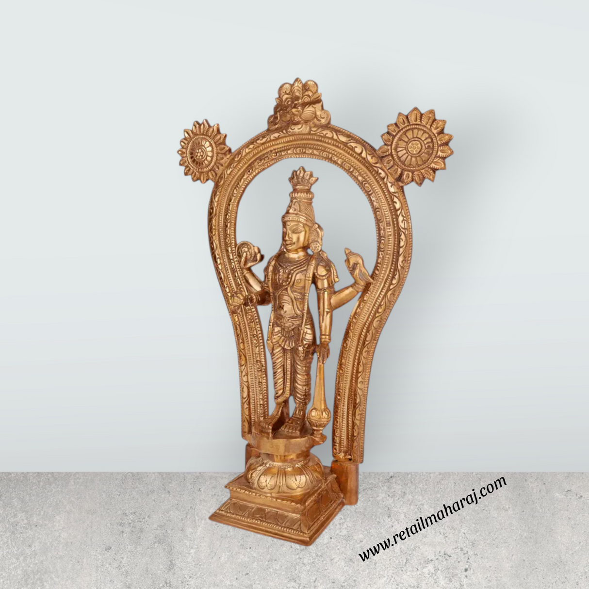 Guruvayurappan Standing On Base Murti - 13 x 9.5 Inches | Panchaloha Idol/ Guruvayurappa Statue With Arch for Pooja - Retail Maharaj