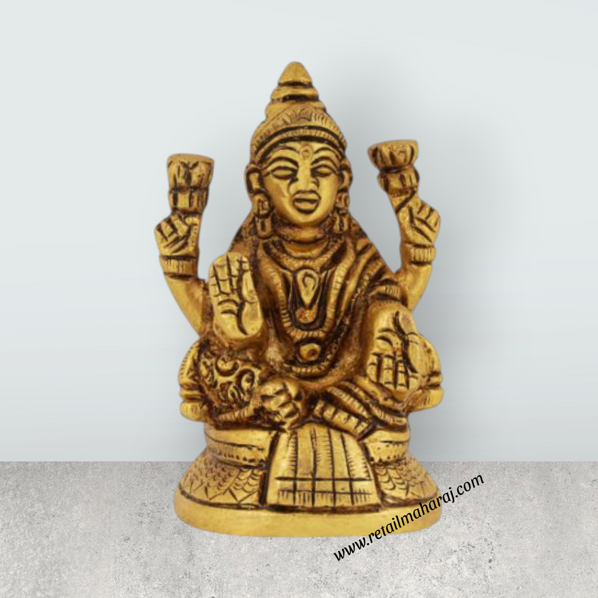 Laxmi Murti Sitting On Base - 3 x 2 Inches | Antique Brass Idol/ Lakshmi Idol/ Lakshmi Murti for Pooja - Retail Maharaj