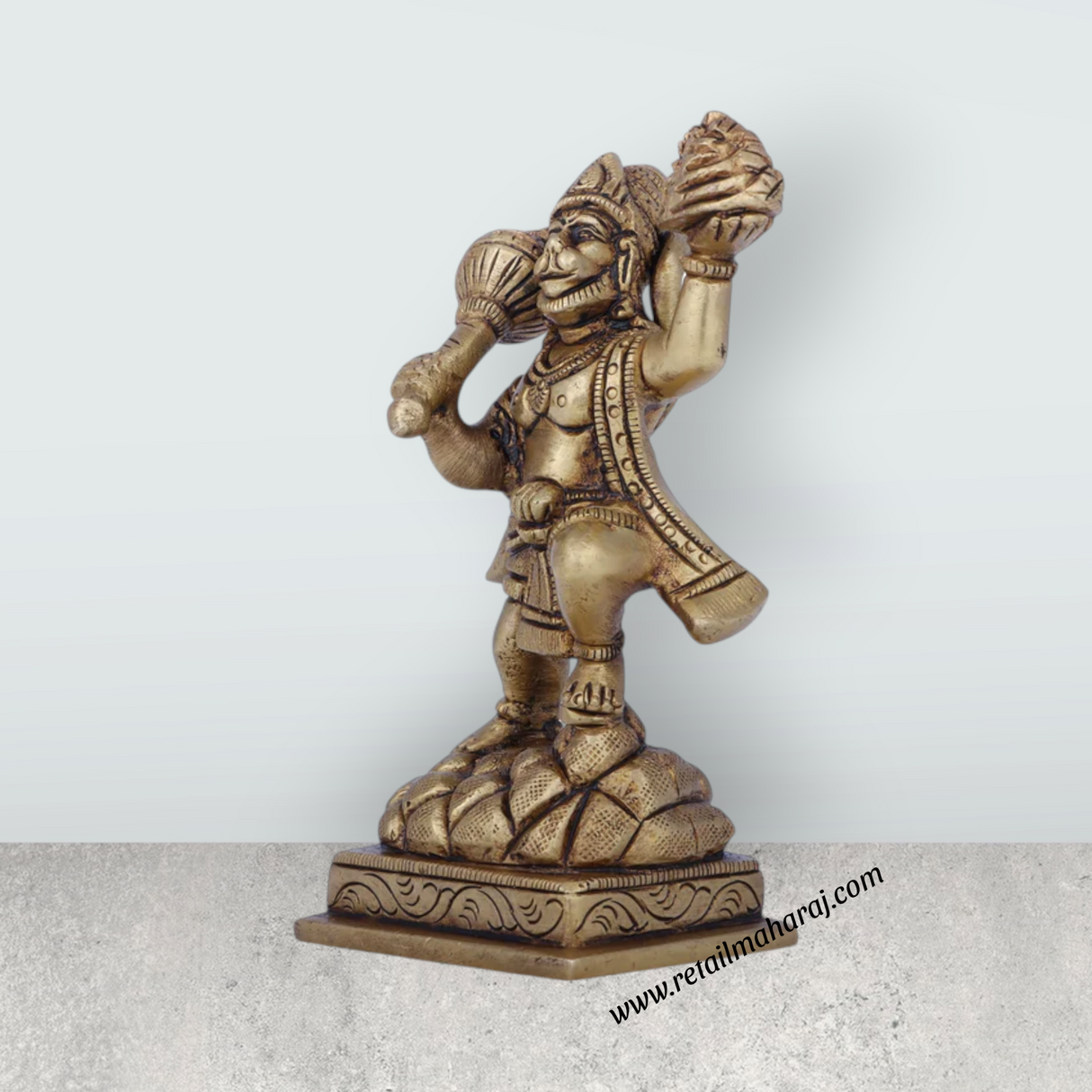 Anjaneya Statue With Sanjeevani - 4 x 3 Inches | Antique Brass Idol/ Standing Hanuman Statue for Pooja/ 530 Gms
