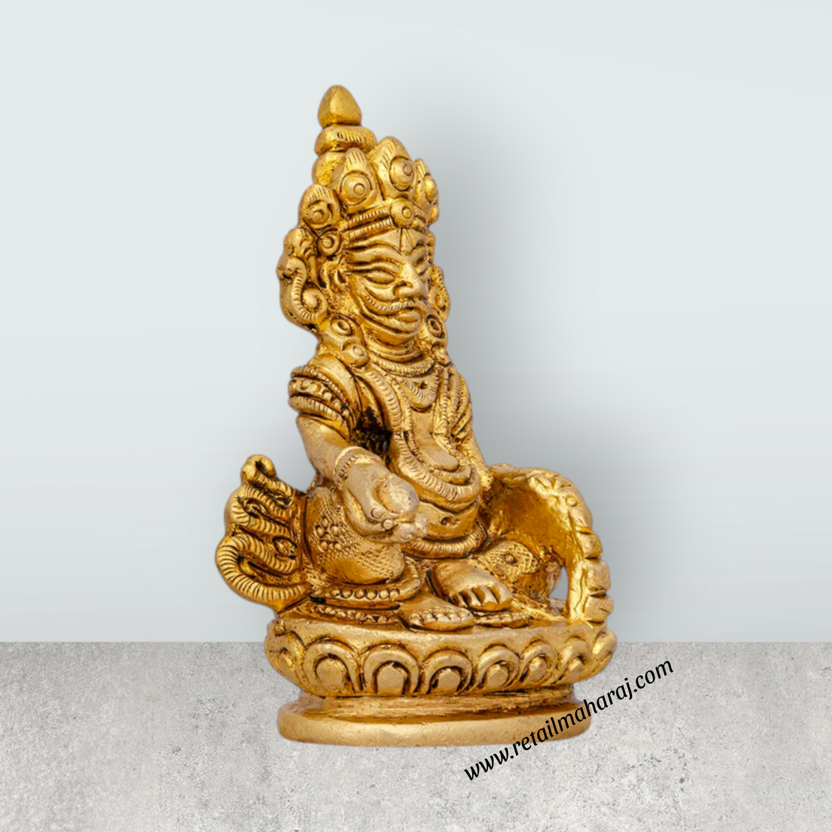 Kuber Statue Sitting On Flower Base - 3 x 2 Inches | Antique Brass Idol/ Kuber Murti/ Kubera Statue for Pooja - Retail Maharaj