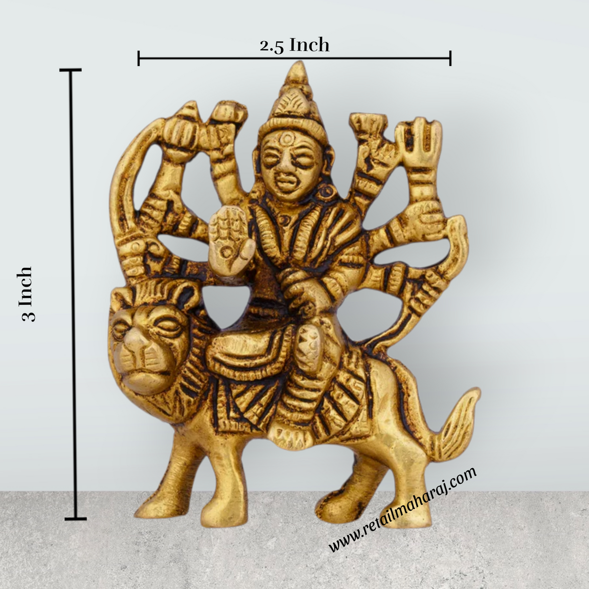 Durga Idol Sitting On Lion - 3 x 2.5 Inches | Antique Brass Idol/ Durga Murti/ Durga Statue for Pooja - Retail Maharaj