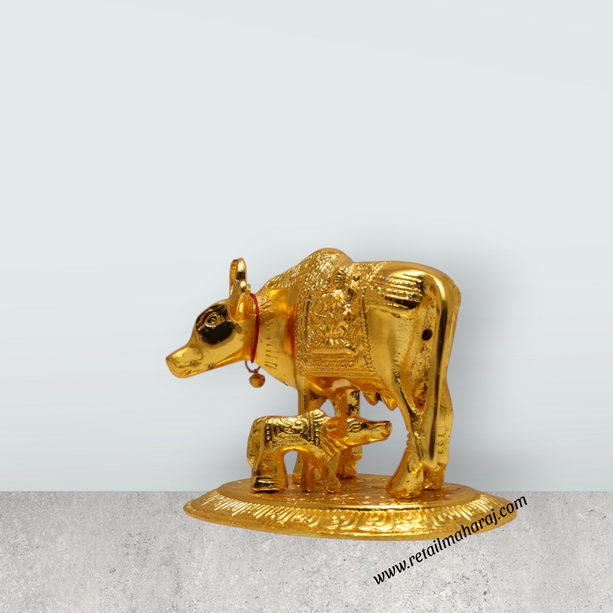Brass Kamadhenu Statue - 4 Inches | Brass Idol/ Cow and Calf Idol/ Kamadhenu Idol for Pooja - Retail Maharaj