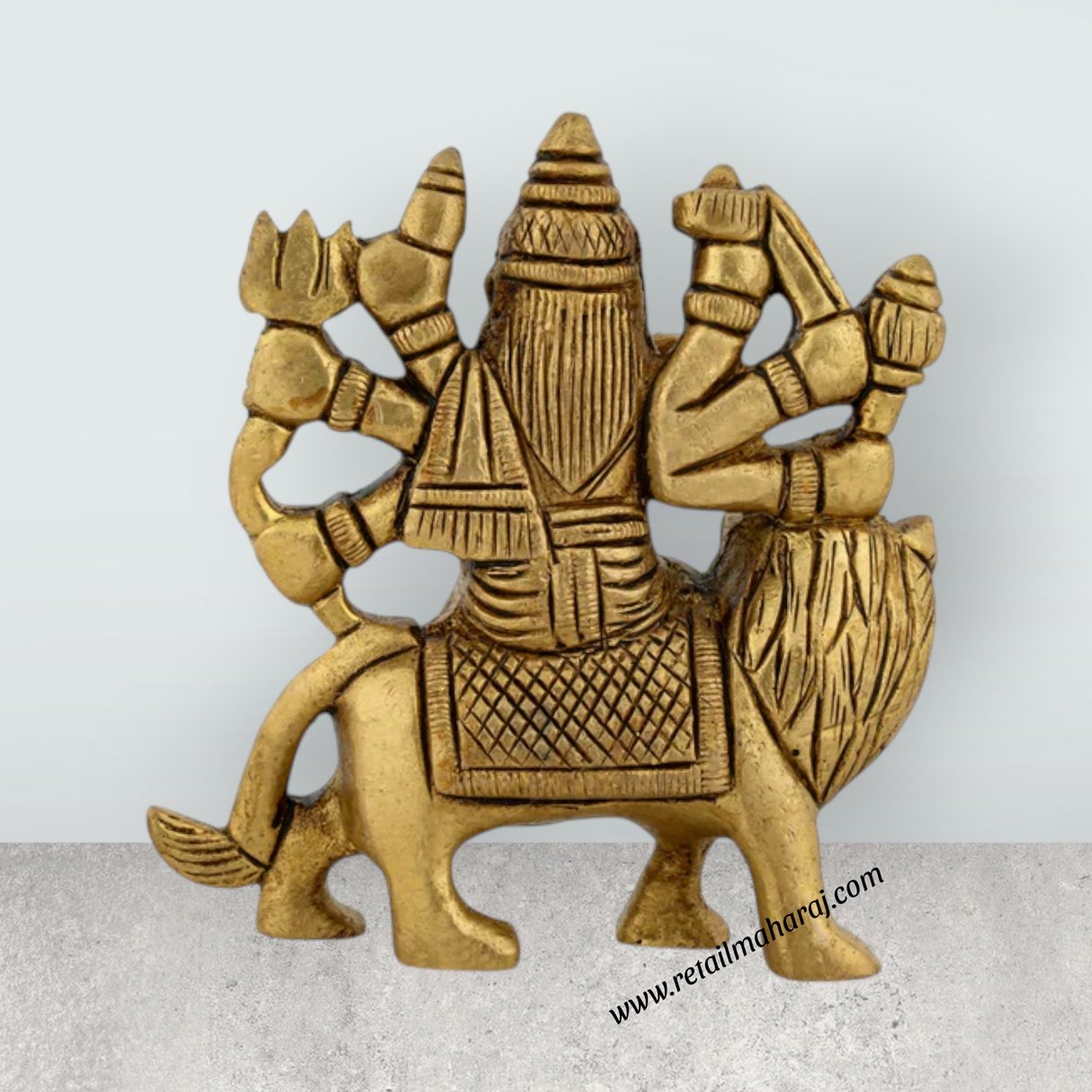 Durga Idol Sitting On Lion With 8 Hands - 3.25 x 3 Inches | Antique Brass Idol/ Durga Murti for Pooja/ 320 Gms - Retail Maharaj