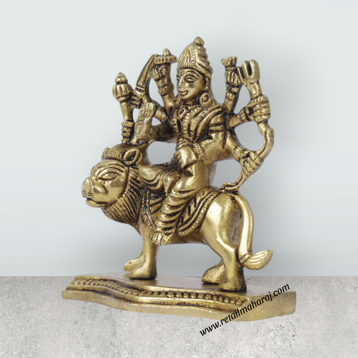 Durga Idol With 8 Hands Sitting On Lion - 3.5 x 3 Inches | Antique Brass Idol/ Durga Maa Idol for Home - Retail Maharaj