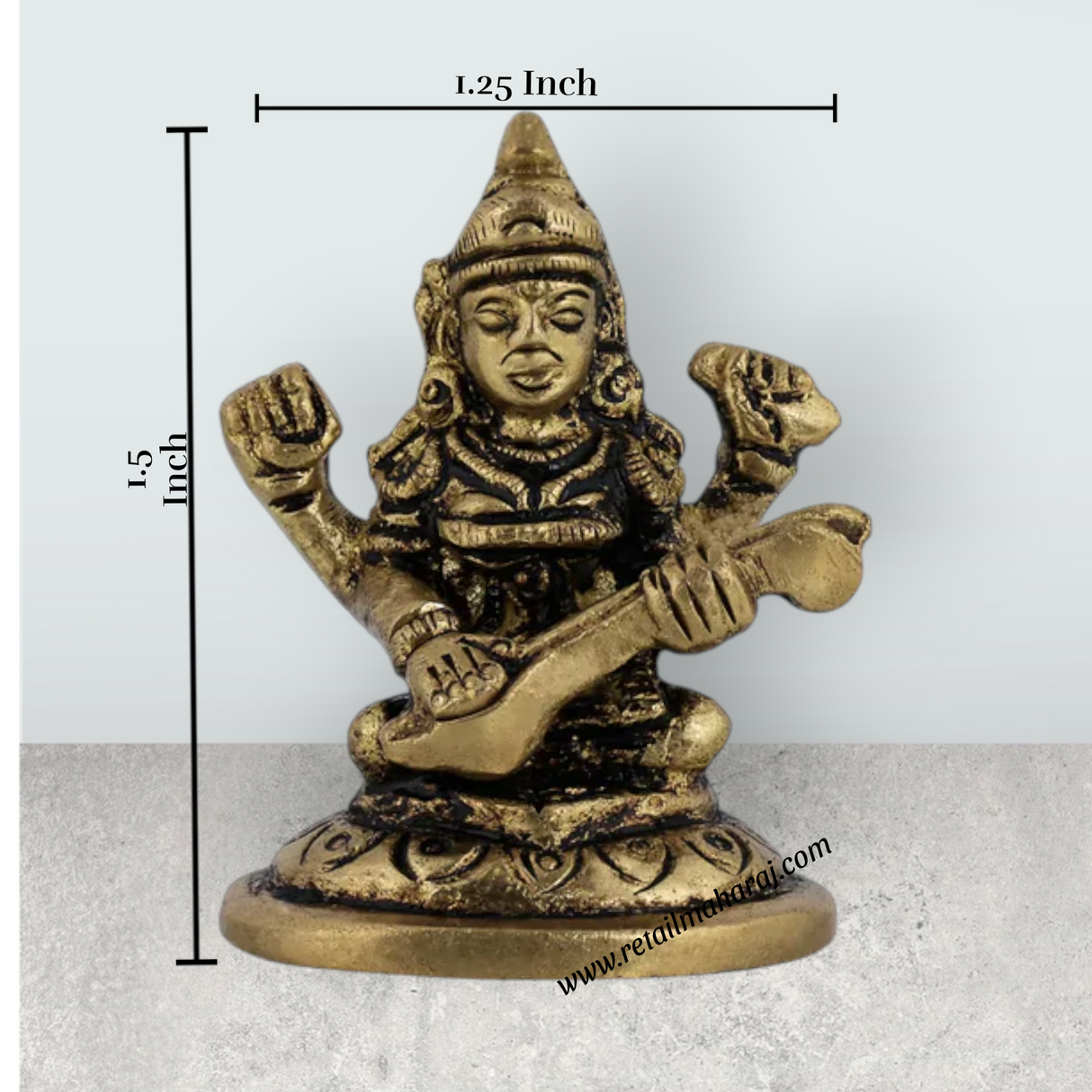 Saraswati Murti Sitting On Base - 1.5 x 1.25 Inches | Antique Brass Idol / Saraswathy Idol For Home Pooja Décor - Retail Maharaj
