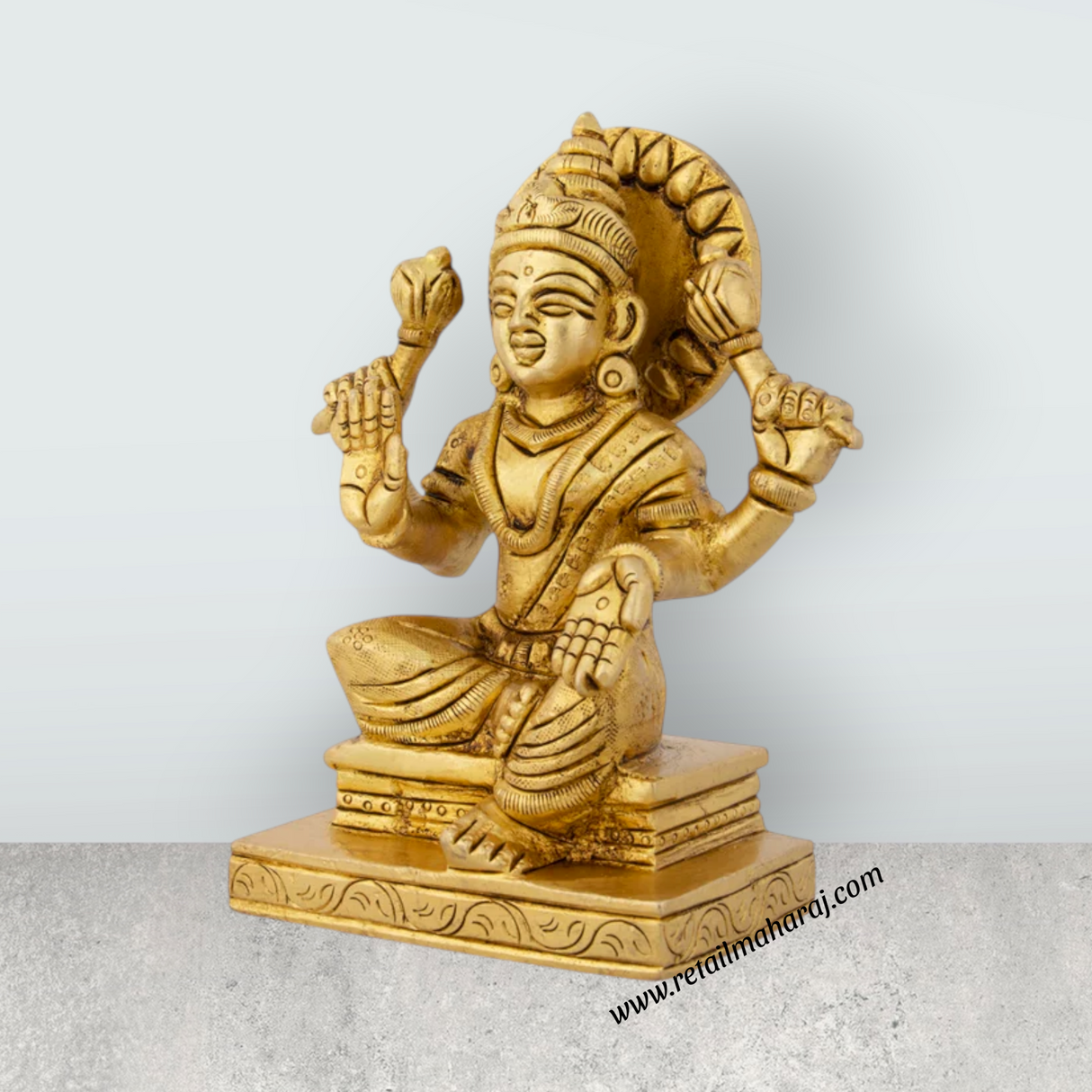 Lakshmi Idol Sitting On Chowki - 4.5 x 3.75 Inches | Antique Brass Idol/ Laxmi Idol for Pooja/ 935 Gms Approx