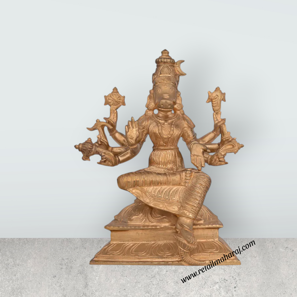 Varahi Amman Sitting on Base Murti - 9.7 x 7 Inches | Panchaloha Idol/ Varahi Amman Idol With 8 Hands for Pooja - Retail Maharaj