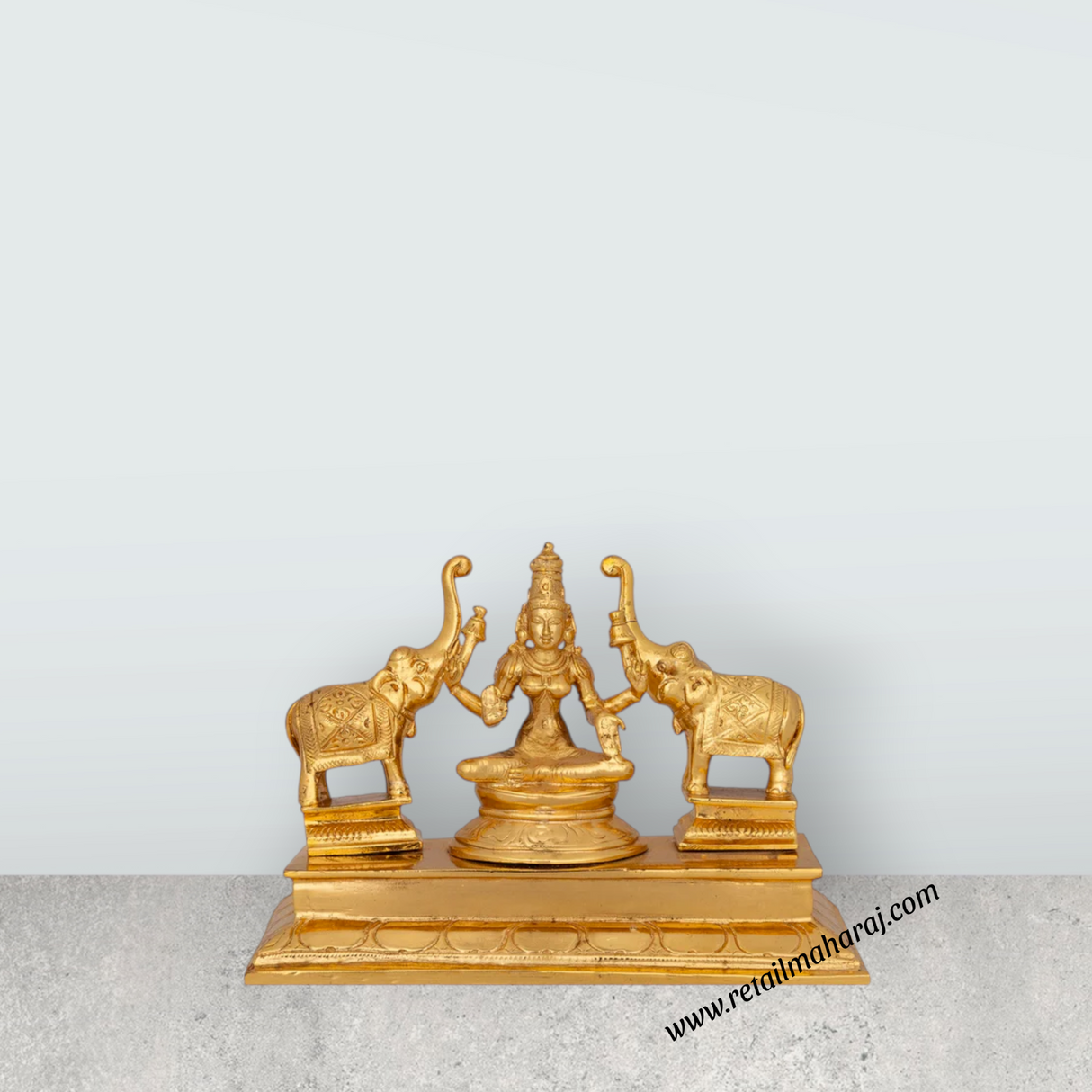 Gajalakshmi with Elephant Sitting On Base Murti - 4 x 6.5 Inches | Panchaloha Idol/ Gajalaxmi Murti for Pooja - Retail Maharaj
