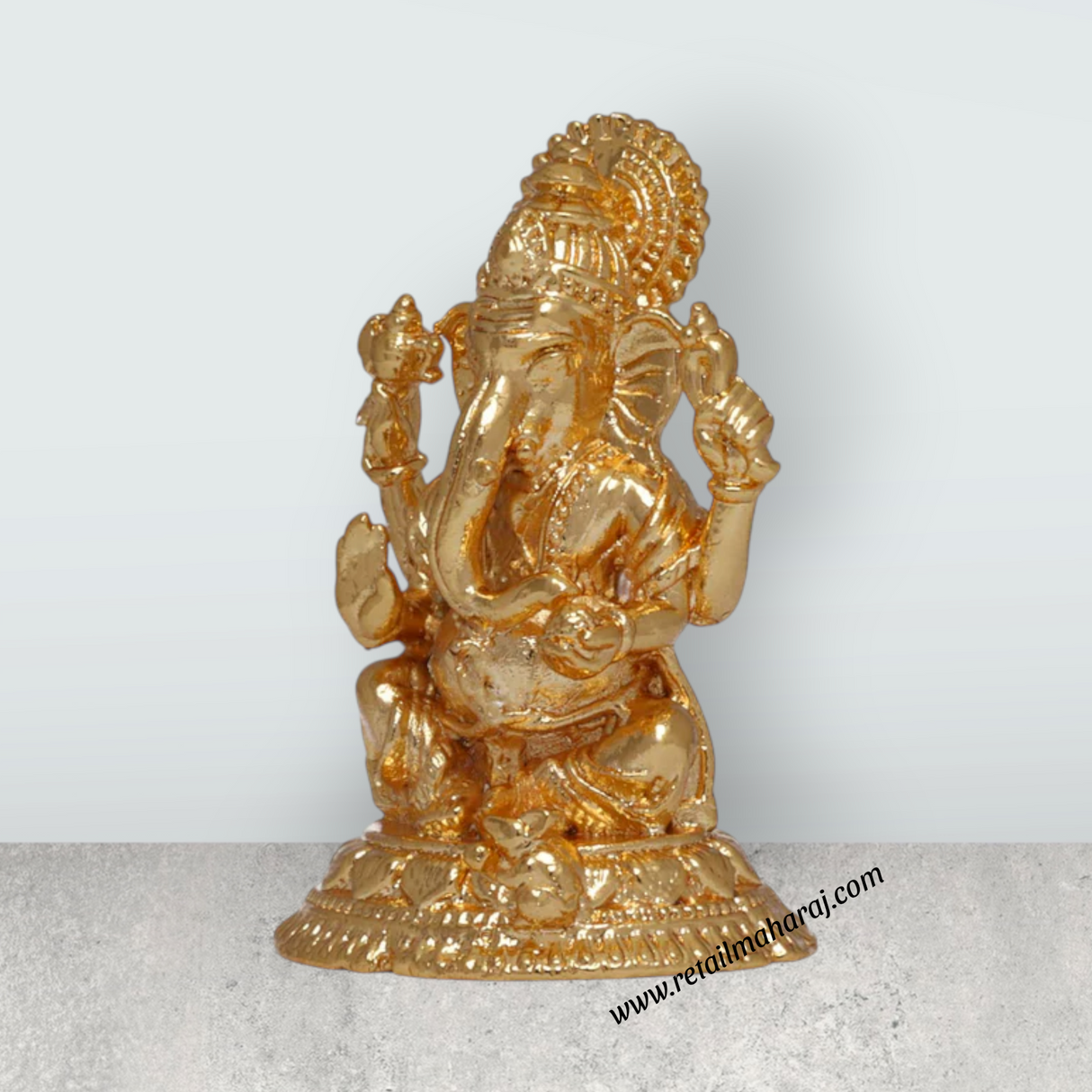 Ganesh Murti Sitting On Base – 2 x 1.25 Inches Copper Ganpati Murti Gold Polish Vinayaka Statue for Pooja - Retail Maharaj