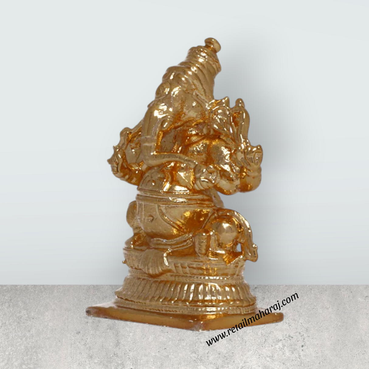 Ganesh Murti Sitting On Base - 1.75 x 1.25 Inches | Copper Idol/ Gold Polish Ganpati Murti for Pooja - Retail Maharaj