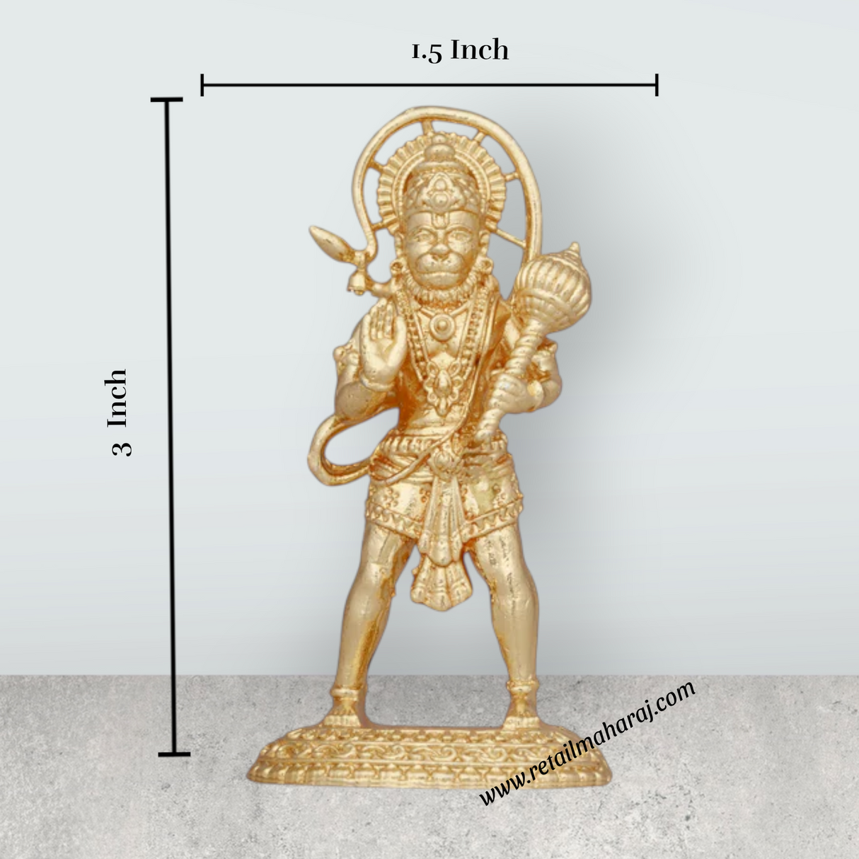 Anjaneya Statue – 3 x 1.5 Inches Copper Idol Gold Polish Standing Hanuman Statue for Pooja - Retail Maharaj
