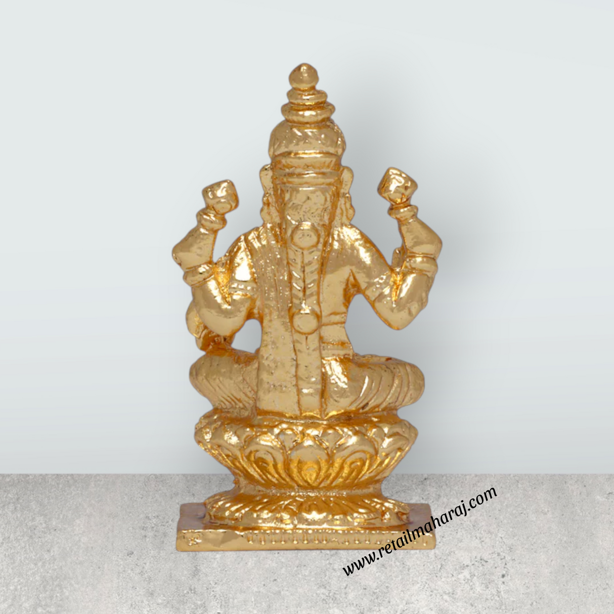 Lakshmi Idol Sitting On Lotus Base - 2 x 1 Inches | Copper Idol/ Gold Polish Laxmi Murti for Pooja - Retail Maharaj