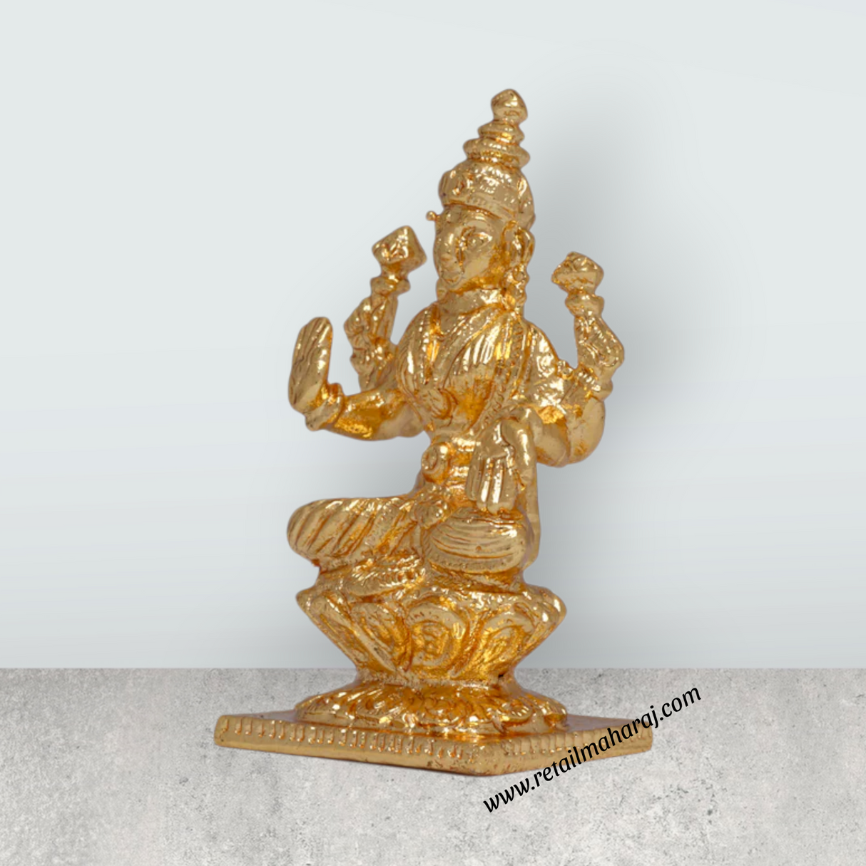Lakshmi Idol Sitting On Lotus Base - 2 x 1 Inches | Copper Idol/ Gold Polish Laxmi Murti for Pooja - Retail Maharaj
