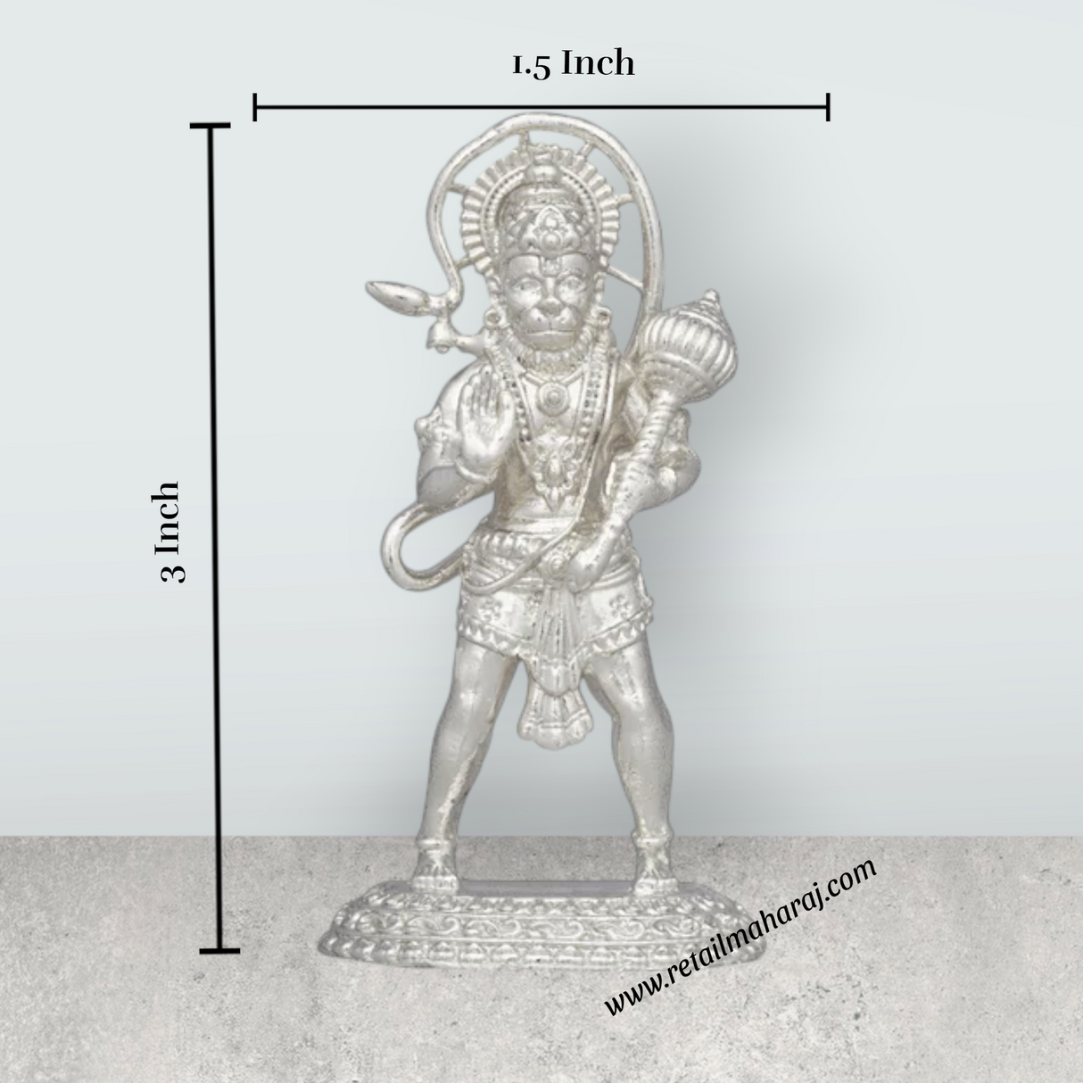 Anjaneya Statue – 3 x 1.5 Inches Copper Idol Silver Polish Standing Hanuman Statue for Pooja - Retail Maharaj
