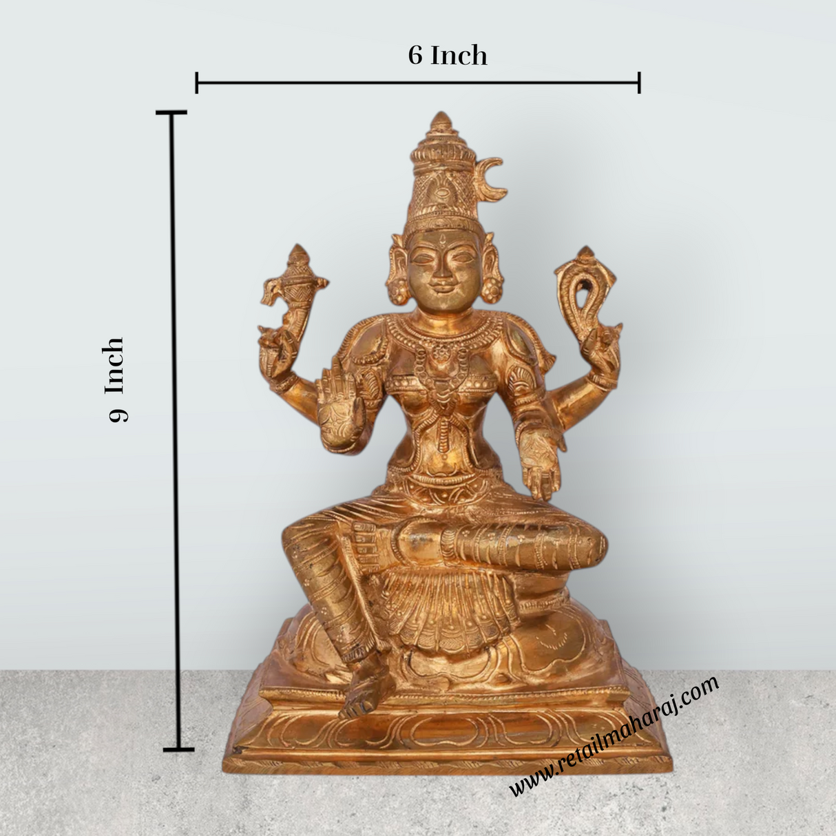 Bhuvaneshwari Sitting On Base Murti - 9 x 6 Inches | Panchaloha Idol / Bhuvaneshwari Statue For Pooja - Retail Maharaj
