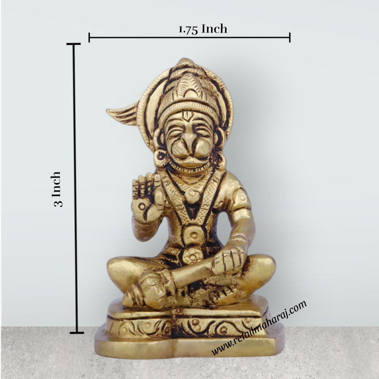 Anjaneya Statue - 3 x 1.75 Inches | Antique Brass Idol/ Sitting Hanuman Statue for Pooja/ 300 Gms Approx - Retail Maharaj
